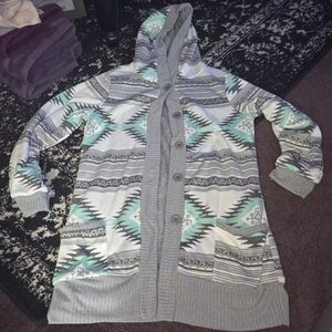 Cozy Hooded Button-Front Sweater Cardi in Light Gray and Mint